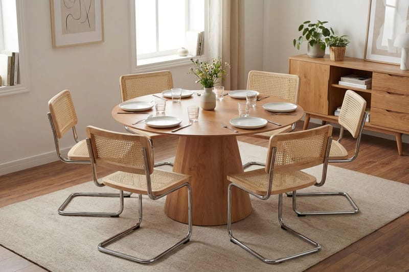 Siena-ruokailuryhmä, pyöreä 130 cm, tammi, 6 Build-ruokailutuolia - Tammi - Huonekalut - Pöytä & ruokailuryhmä - Ruokailuryhmä