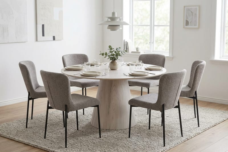 Siena-ruokailuryhmä, pyöreä 150 cm, valkokuullotettu, 6 Elsie-ruokatuolia - Valkokuullotettu/vaaleanharmaa - Huonekalut - Pöytä & ruokailuryhmä - Ruokailuryhmä