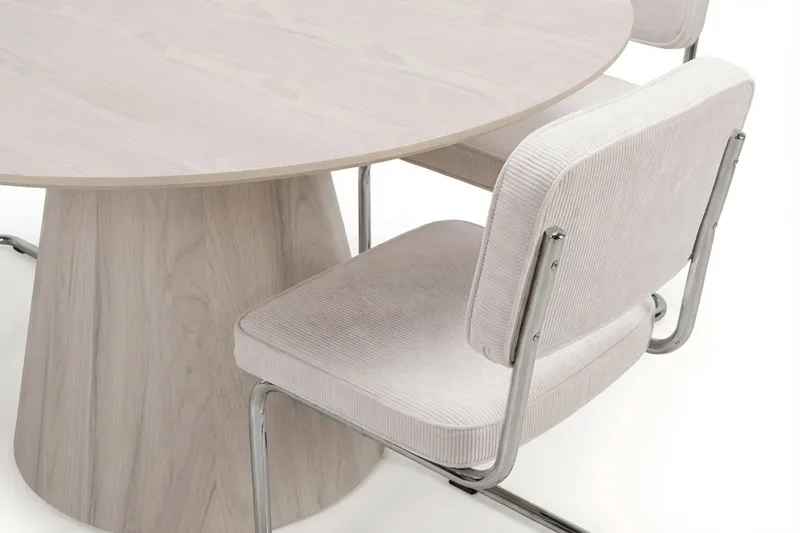 Siena-ruokailuryhmä, pyöreä 150 cm, valkolakattu, 6 Milva-ruokatuolia - Valkolakattu/beige/kromi - Huonekalut - Pöytä & ruokailuryhmä - Ruokailuryhmä