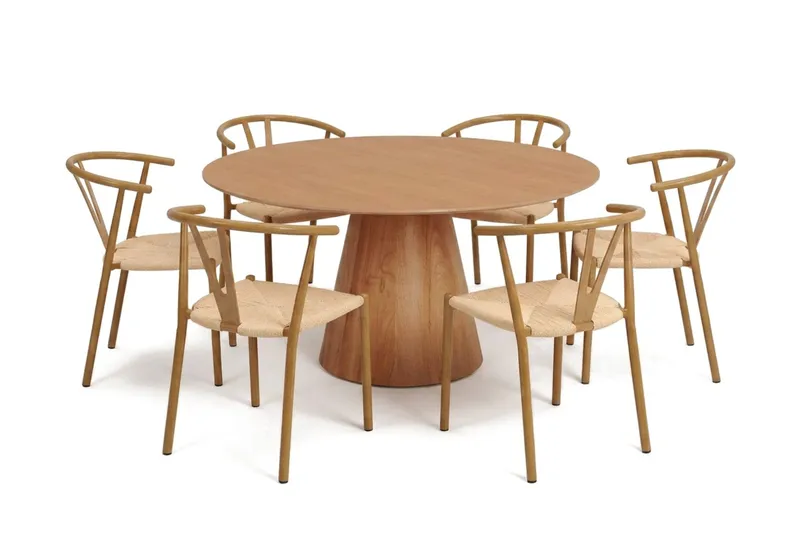 Siena-ruokailuryhmä, pyöreä 150 cm, tammi, 6 Elysia-ruokatuolia, Tammi