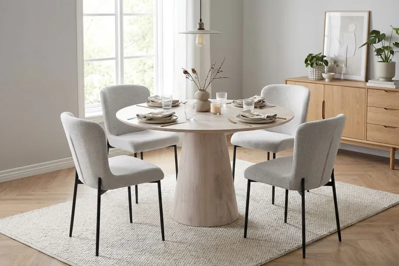 Siena-ruokailuryhmä, pyöreä 110 cm, valkokuullotettu, 4 Elsie-ruokatuolia - Valkokuullotettu/valkoinen - Huonekalut - Pöytä & ruokailuryhmä - Ruokailuryhmä