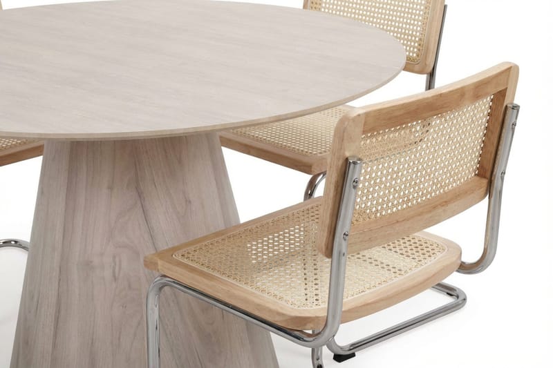 Siena-ruokailuryhmä, pyöreä 130 cm, valkolakattu, 6 Build-ruokatuolia - Valkokuullotettu/luonnonväri/kromi - Huonekalut - Pöytä & ruokailuryhmä - Ruokailuryhmä