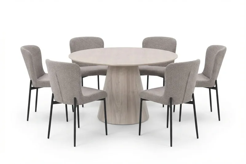 Siena-ruokailuryhmä, pyöreä 130 cm, valkokuullotettu, 6 Elsie-ruokatuolia - Valkokuullotettu/vaaleanharmaa - Huonekalut - Pöytä & ruokailuryhmä - Ruokailuryhmä