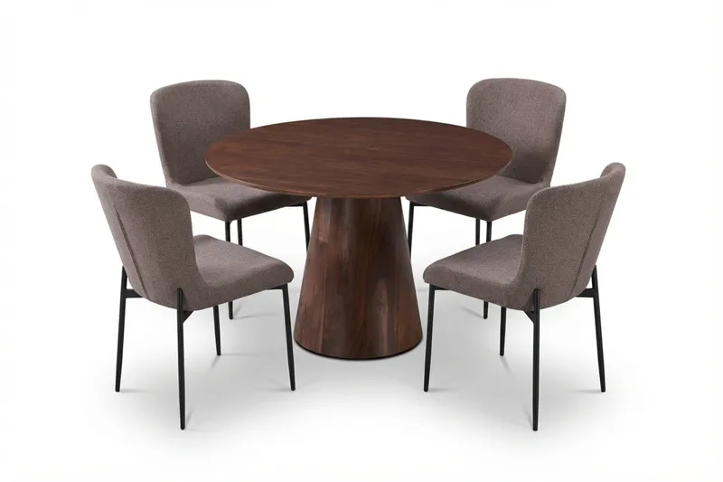 Siena-ruokailuryhmä, pyöreä 110 cm, pähkinä, 4 Elsie-ruokatuolia, Pähkinä/harmaa