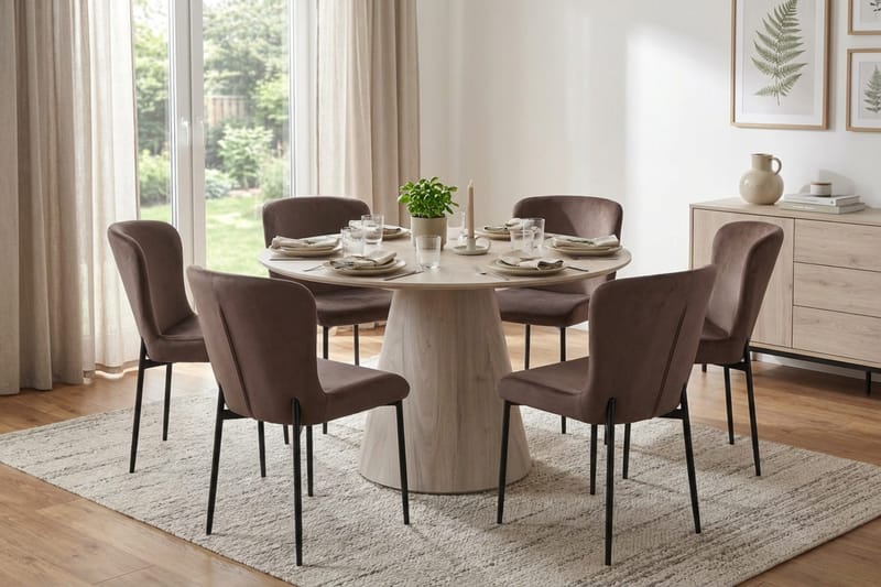 Siena-ruokailuryhmä, pyöreä 130 cm, valkokuullotettu, 6 Elsie-ruokatuolia - Valkokuullotettu/ruskea - Huonekalut - Pöytä & ruokailuryhmä - Ruokailuryhmä