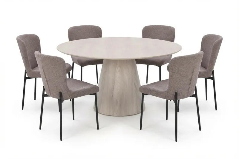 Siena-ruokailuryhmä, pyöreä 150 cm, valkokuullotettu, 6 Elsie-ruokatuolia, Valkokuullotettu/harmaa