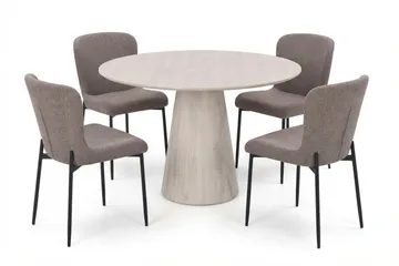 Siena-ruokailuryhmä, pyöreä 110 cm, valkokuullotettu, 4 Elsie-ruokatuolia