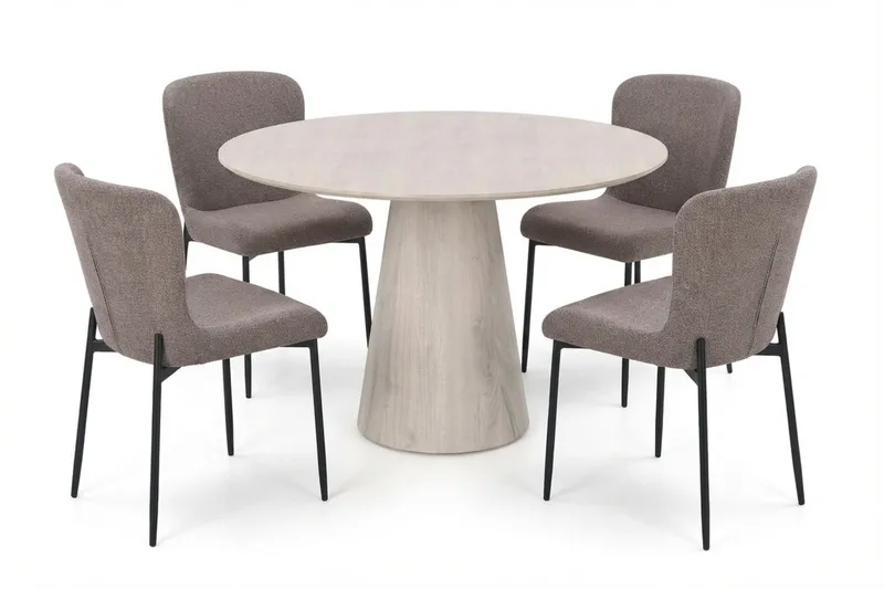 Siena-ruokailuryhmä, pyöreä 110 cm, valkokuullotettu, 4 Elsie-ruokatuolia - Valkokuullotettu/harmaa - Huonekalut - Pöytä & ruokailuryhmä - Ruokailuryhmä