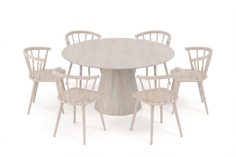 Siena-ruokailuryhmä, pyöreä 150 cm, valkolakattu, 6 Tyrö-ruokatuolia, Valkokuultolakattu