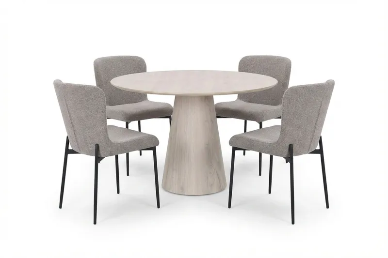 Siena-ruokailuryhmä, pyöreä 110 cm, valkokuullotettu, 4 Elsie-ruokatuolia - Valkokuullotettu/vaaleanharmaa - Huonekalut - Pöytä & ruokailuryhmä - Ruokailuryhmä