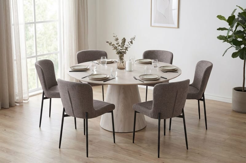 Siena-ruokailuryhmä, pyöreä 150 cm, valkokuullotettu, 6 Elsie-ruokatuolia - Valkokuullotettu/ruskea - Huonekalut - Pöytä & ruokailuryhmä - Ruokailuryhmä