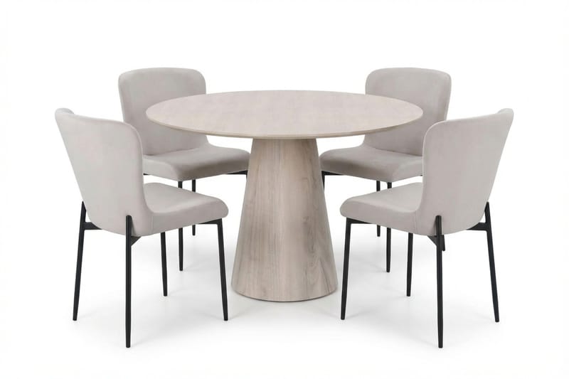 Siena-ruokailuryhmä, pyöreä 110 cm, valkokuullotettu, 4 Elsie-ruokatuolia, Valkokuullotettu/beige