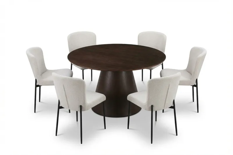 Siena-ruokailuryhmä, pyöreä 130 cm, savustettu tammi, 6 Elsie-ruokatuolia, Savustettu tammi/valkoinen