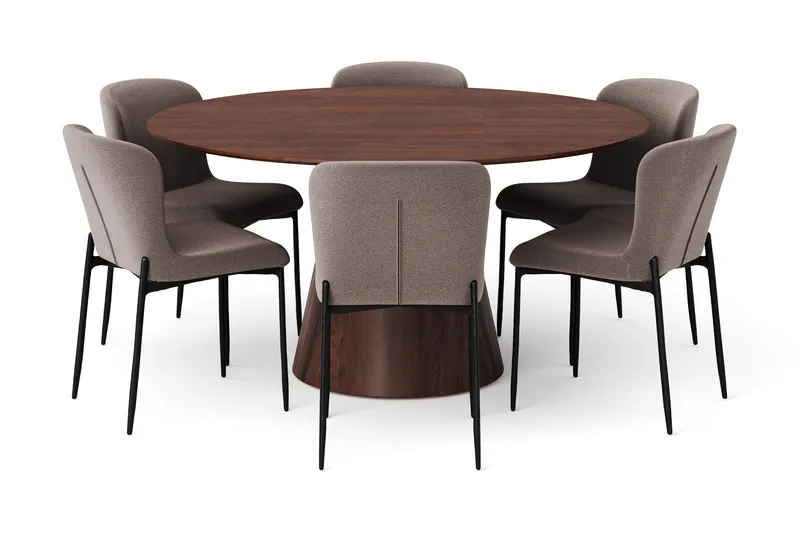 Siena-ruokailuryhmä, pyöreä 150 cm, pähkinä, 6 Elsie-ruokatuolia - Pähkinä/harmaa - Huonekalut - Pöytä & ruokailuryhmä - Ruokailuryhmä