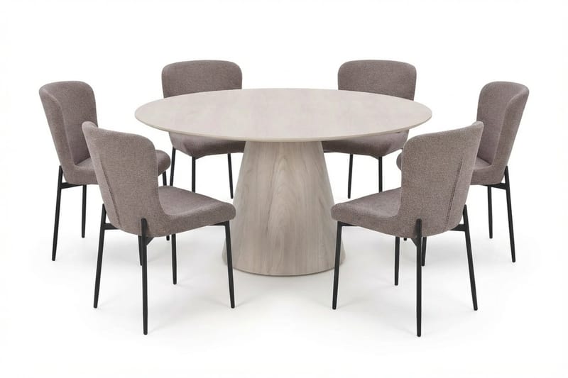 Siena-ruokailuryhmä, pyöreä 150 cm, valkokuullotettu, 6 Elsie-ruokatuolia - Valkokuullotettu/ruskea - Huonekalut - Pöytä & ruokailuryhmä - Ruokailuryhmä