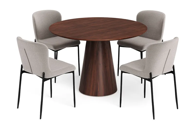 Siena-ruokailuryhmä, pyöreä 110 cm, pähkinä, 4 Elsie-ruokatuolia, Pähkinä/vaaleanharmaa