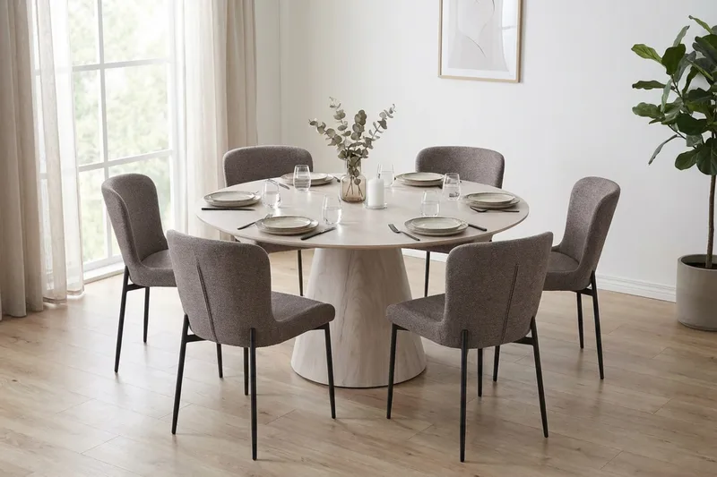 Siena-ruokailuryhmä, pyöreä 150 cm, valkokuullotettu, 6 Elsie-ruokatuolia - Valkokuullotettu/harmaa - Huonekalut - Pöytä & ruokailuryhmä - Ruokailuryhmä