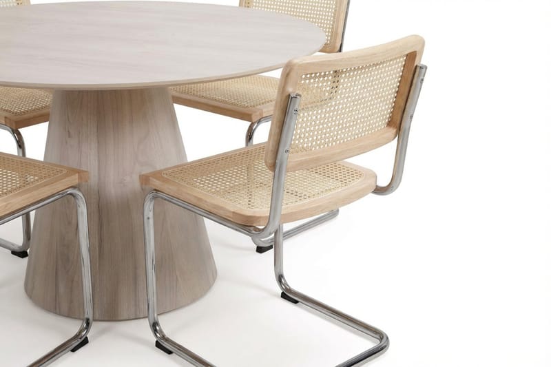 Siena-ruokailuryhmä, pyöreä 150 cm, valkolakattu, 6 Build-ruokatuolia - Valkokuullotettu/luonnonväri/kromi - Huonekalut - Pöytä & ruokailuryhmä - Ruokailuryhmä