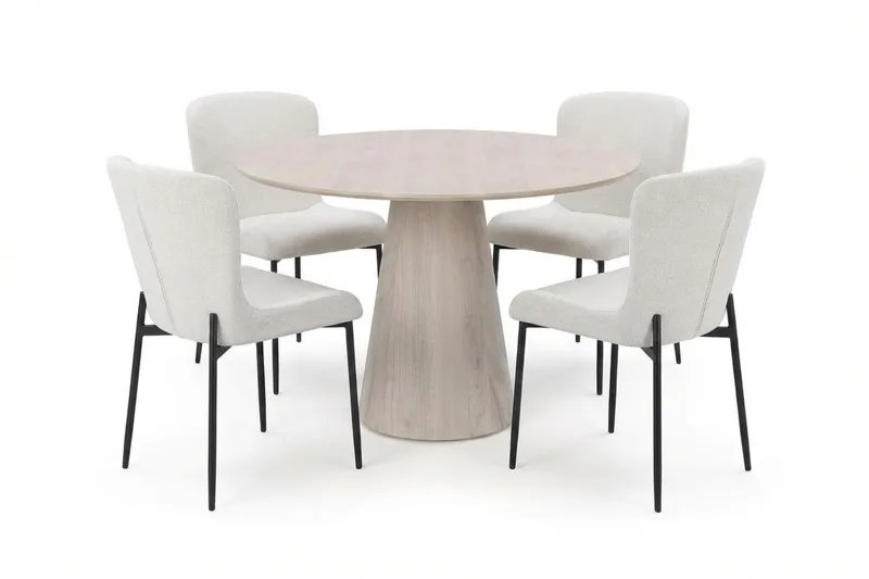 Siena-ruokailuryhmä, pyöreä 110 cm, valkokuullotettu, 4 Elsie-ruokatuolia - Valkokuullotettu/valkoinen - Huonekalut - Pöytä & ruokailuryhmä - Ruokailuryhmä