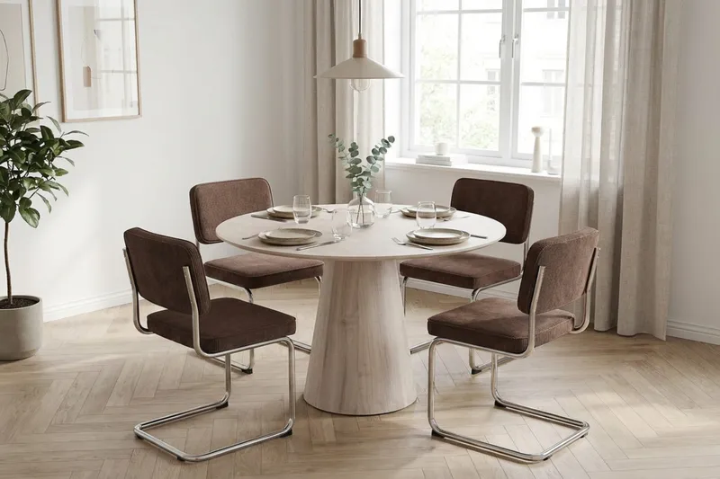 Siena-ruokailuryhmä, pyöreä 110 cm, valkolakattu, 4 Milva-ruokatuolia - Valkolakattu/ruskea/kromi - Huonekalut - Pöytä & ruokailuryhmä - Ruokailuryhmä