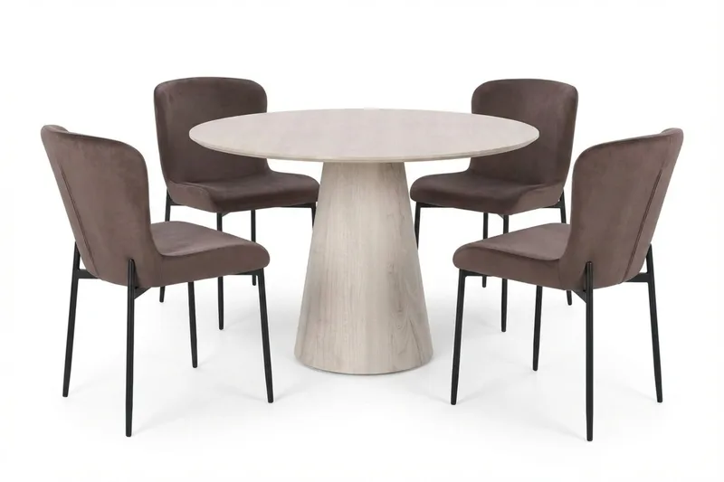 Siena-ruokailuryhmä, pyöreä 110 cm, valkokuullotettu, 4 Elsie-ruokatuolia - Valkokuullotettu/ruskea - Huonekalut - Pöytä & ruokailuryhmä - Ruokailuryhmä