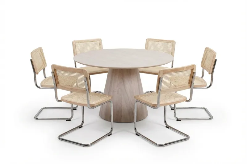 Siena-ruokailuryhmä, pyöreä 130 cm, valkolakattu, 6 Build-ruokatuolia, Valkokuullotettu/luonnonväri/kromi