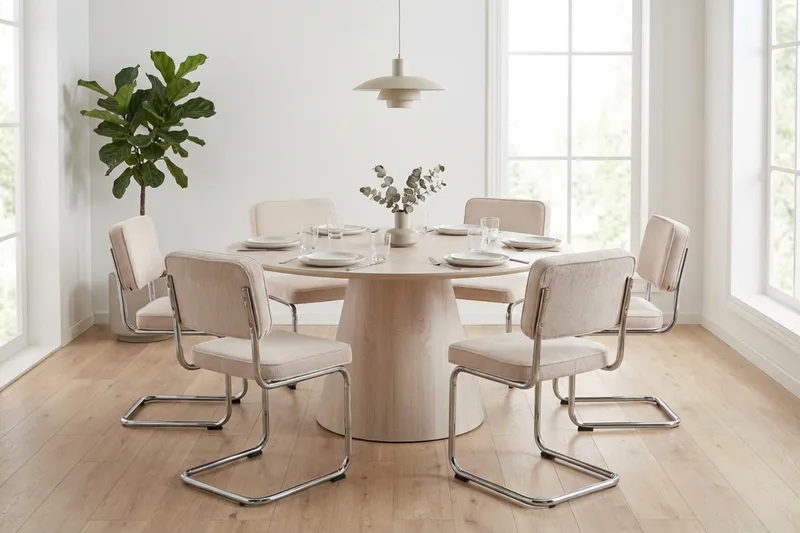 Siena-ruokailuryhmä, pyöreä 150 cm, valkolakattu, 6 Milva-ruokatuolia - Valkolakattu/beige/kromi - Huonekalut - Pöytä & ruokailuryhmä - Ruokailuryhmä