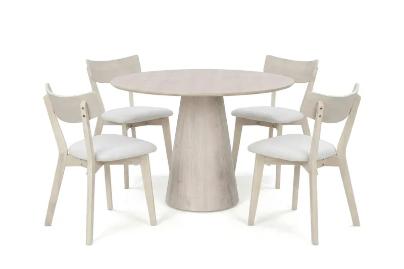 Siena-ruokailuryhmä 110 cm pyöreä, valkokuultolakattu, 4 Amelia-ruokailutuolia istuintyynyllä, Valkokuultolakattu/Beige