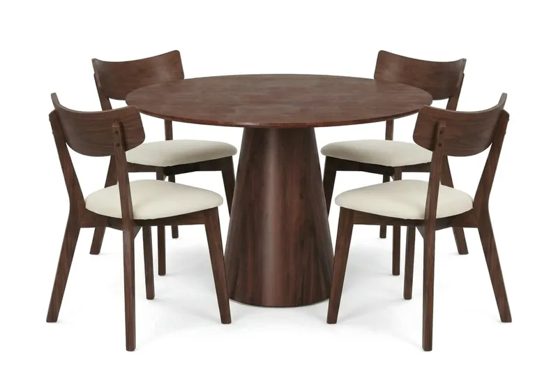 Siena-ruokailuryhmä 110 cm pyöreä, pähkinä, 4 Amelia-ruokailutuolia istuintyynyllä, Pähkinä/Beige