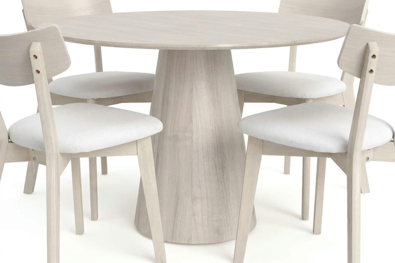 Siena-ruokailuryhmä 110 cm pyöreä, valkokuultolakattu, 4 Amelia-ruokailutuolia istuintyynyllä - Valkokuultolakattu/Beige - Huonekalut - Pöytä & ruokailuryhmä - Ruokailuryhmä