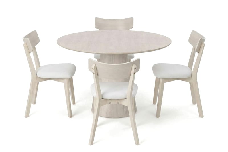 Siena-ruokailuryhmä 110 cm pyöreä, valkokuultolakattu, 4 Amelia-ruokailutuolia istuintyynyllä - Valkokuultolakattu/Beige - Huonekalut - Pöytä & ruokailuryhmä - Ruokailuryhmä
