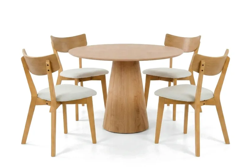Siena-ruokailuryhmä 110 cm pyöreä, tammi, 4 Amelia-ruokailutuolia istuintyynyllä, Tammi/Beige