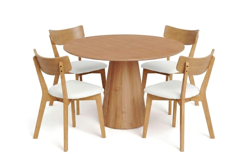Siena-ruokailuryhmä 110 cm pyöreä, tammi, 4 Amelia-ruokailutuolia istuintyynyllä - Tammi/Beige - Huonekalut - Pöytä & ruokailuryhmä - Ruokailuryhmä