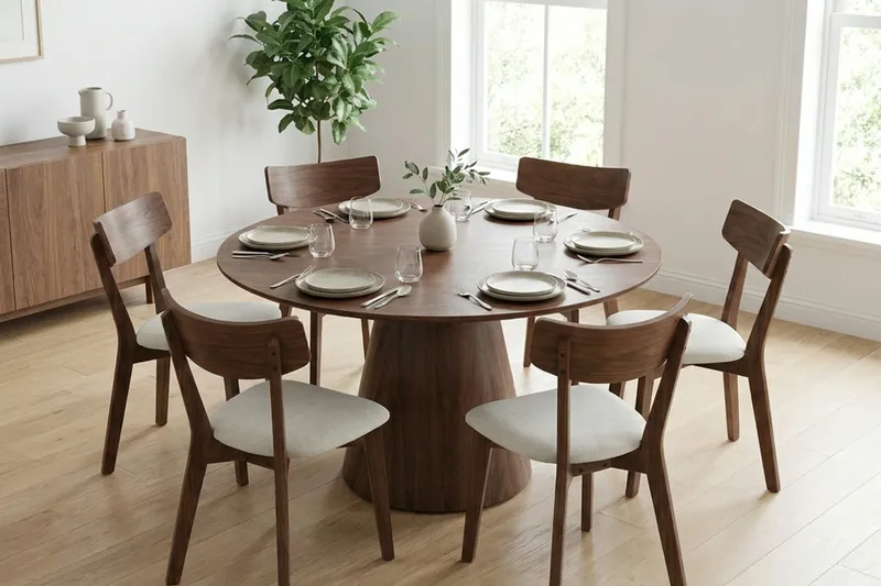 Siena-ruokailuryhmä 130 cm pyöreä, pähkinä, 6 Amelia-ruokailutuolia istuintyynyllä - Pähkinä/Beige - Huonekalut - Pöytä & ruokailuryhmä - Ruokailuryhmä