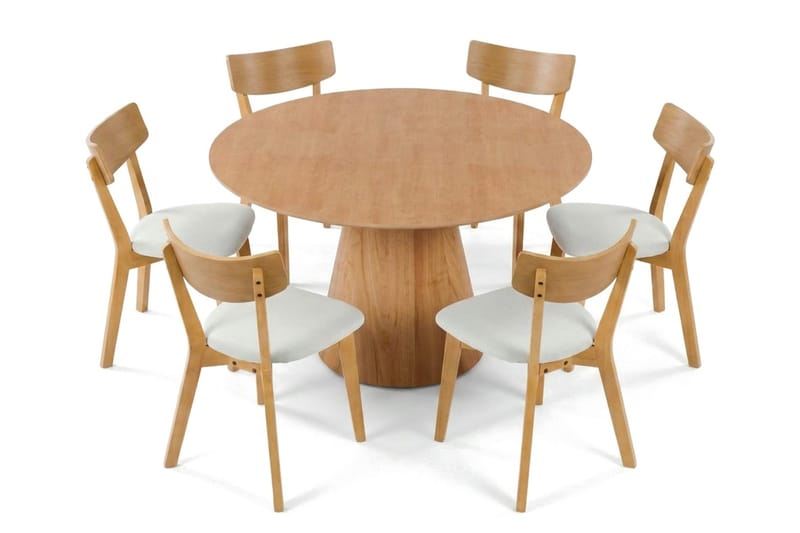 Siena-ruokailuryhmä 130 cm pyöreä, tammi, 6 Amelia-ruokailutuolia istuintyynyllä - Tammi/Beige - Huonekalut - Pöytä & ruokailuryhmä - Ruokailuryhmä