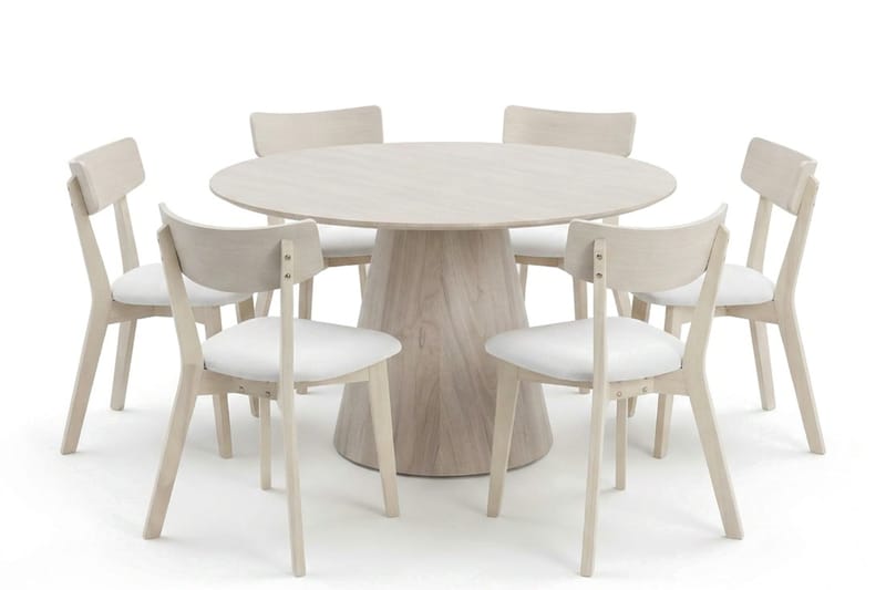 Siena-ruokailuryhmä 130 cm pyöreä, valkokuultolakattu, 6 Amelia-ruokailutuolia istuintyynyllä - Valkokuultolakattu/Beige - Huonekalut - Pöytä & ruokailuryhmä - Ruokailuryhmä