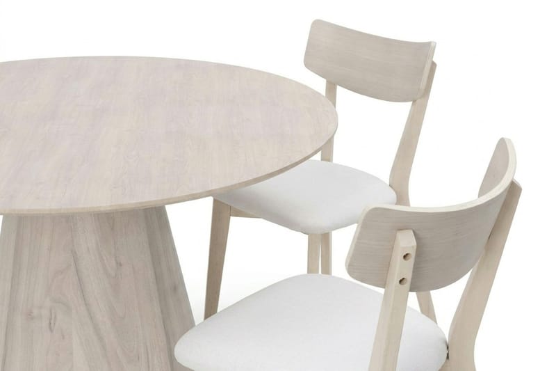 Siena-ruokailuryhmä 130 cm pyöreä, valkokuultolakattu, 6 Amelia-ruokailutuolia istuintyynyllä - Valkokuultolakattu/Beige - Huonekalut - Pöytä & ruokailuryhmä - Ruokailuryhmä