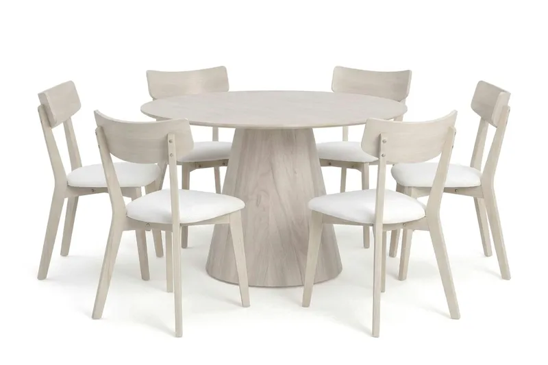 Siena-ruokailuryhmä 130 cm pyöreä, valkokuultolakattu, 6 Amelia-ruokailutuolia istuintyynyllä, Valkokuultolakattu/Beige