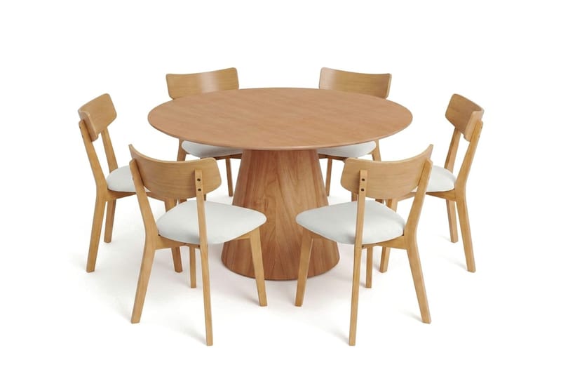 Siena-ruokailuryhmä 130 cm pyöreä, tammi, 6 Amelia-ruokailutuolia istuintyynyllä, Tammi/Beige