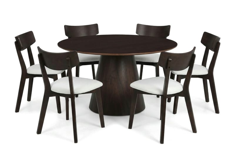 Siena-ruokailuryhmä 130 cm pyöreä, savutammi, 6 Amelia-ruokailutuolia istuintyynyllä, Savutammi/Beige