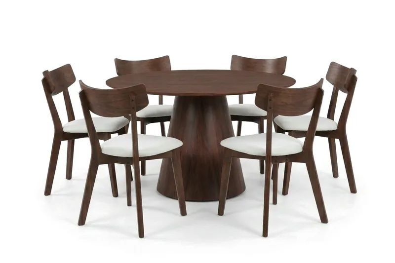 Siena-ruokailuryhmä 130 cm pyöreä, pähkinä, 6 Amelia-ruokailutuolia istuintyynyllä, Pähkinä/Beige