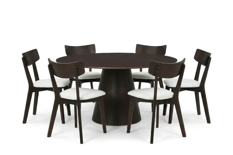 Siena-ruokailuryhmä 150 cm pyöreä, savutammi, 6 Amelia-ruokailutuolia istuintyynyllä, Savutammi/Beige