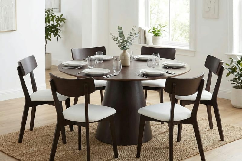 Siena-ruokailuryhmä 150 cm pyöreä, savutammi, 6 Amelia-ruokailutuolia istuintyynyllä - Savutammi/Beige - Huonekalut - Pöytä & ruokailuryhmä - Ruokailuryhmä