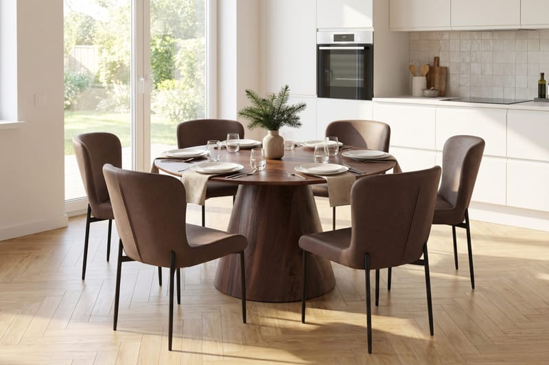 Siena Ruokailuryhmä Pyöreä 130 cm Pähkinä ja 6 Elsie Ruokatuolia - Pähkinä/Ruskea - Huonekalut - Pöytä & ruokailuryhmä - Ruokailuryhmä