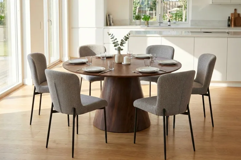 Siena Ruokailuryhmä Pyöreä 130 cm Pähkinä ja 6 Elsie Ruokatuolia - Pähkinä/Vaaleanharmaa - Huonekalut - Pöytä & ruokailuryhmä - Ruokailuryhmä