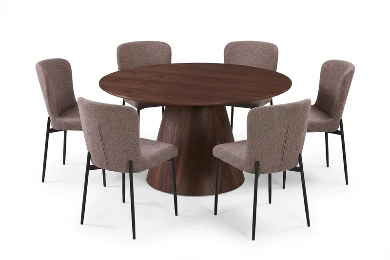 Siena Ruokailuryhmä Pyöreä 130 cm Pähkinä ja 6 Elsie Ruokatuolia - Pähkinä/Harmaa - Huonekalut - Pöytä & ruokailuryhmä - Ruokailuryhmä