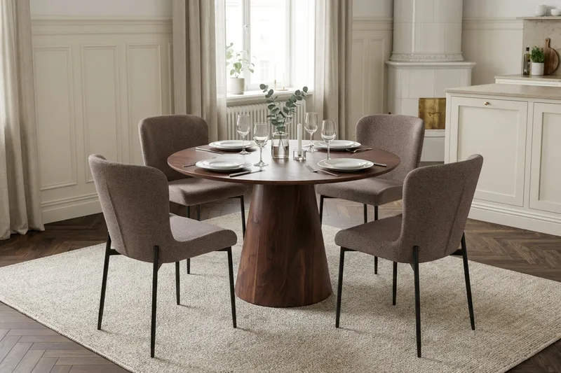 Siena Ruokailuryhmä Pyöreä 110 cm Pähkinä ja 4 Elsie Ruokatuolia - Pähkinä/Harmaa - Huonekalut - Pöytä & ruokailuryhmä - Ruokailuryhmä