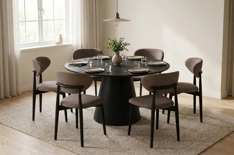 Siena-ruokailuryhmä pyöreä 130 cm musta, 6 Molly-ruokatuolia - Musta - Huonekalut - Pöytä & ruokailuryhmä - Ruokailuryhmä