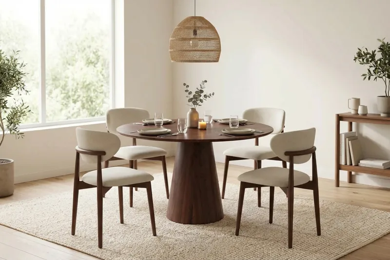 Siena-ruokailuryhmä pyöreä 110 cm pähkinäpuu, 4 Molly-ruokatuolia - Pähkinä - Huonekalut - Pöytä & ruokailuryhmä - Ruokailuryhmä
