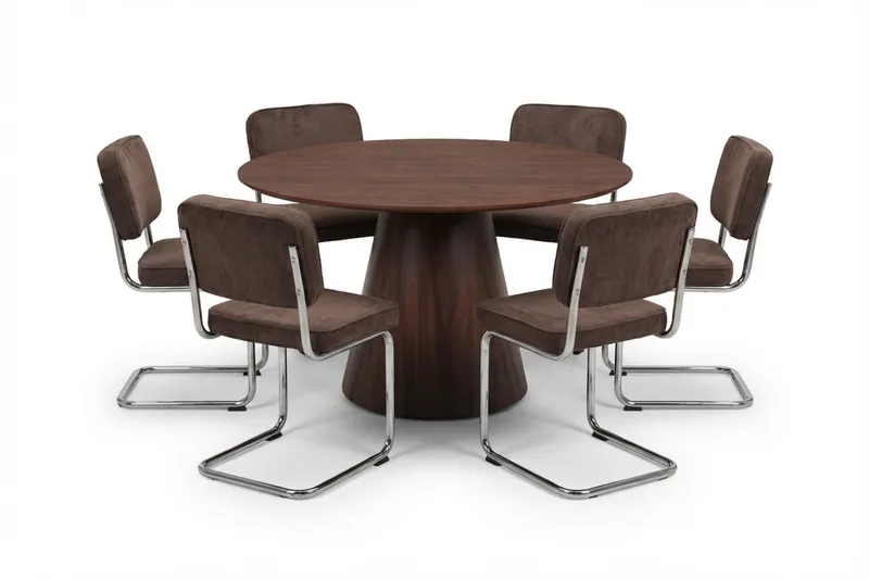 Siena-ruokailuryhmä pyöreä 130 cm pähkinäpuu, 6 Milva-ruokatuolia - Pähkinä - Huonekalut - Pöytä & ruokailuryhmä - Ruokailuryhmä